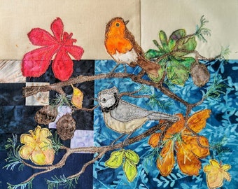 PDF pattern for Autumn Forest  block 8 quilt crested tit robin  bird autumn free motion embroidery applique raw edge