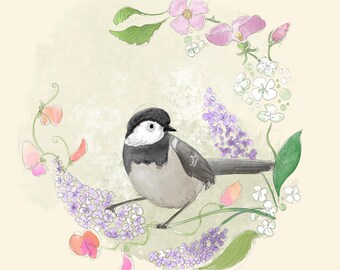 Pre-order Fabric panel summer coal tit cream 30.5 cm square quilting cotton
