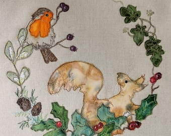 Printed pattern for "Squirrelling around" winter robin squirrel raw edge applique tutorial free motion embroidery