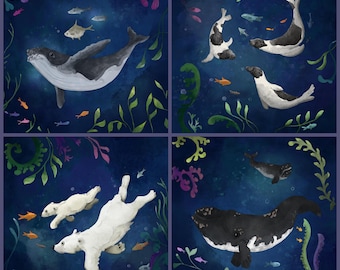 Pre -order swimming lesson set of  printed panels whale polar bear seals on quilting cotton 30.5 by 30.5 cms