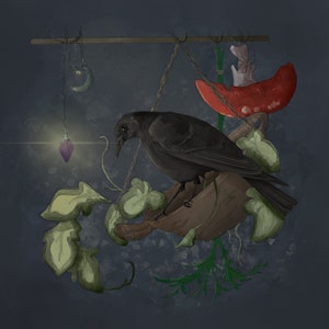 May include: A black crow perched on a wooden branch with red and white flowers and green leaves. The crow is looking to the left of the image. There are two hanging light fixtures with purple and white bulbs.