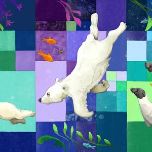 May include: An artistic illustration featuring a polar bear, seals, and fish swimming in a colorful aquatic environment. The background is a patchwork of blue, green, and purple squares with decorative plant life. The artwork has a whimsical, cartoonish style.