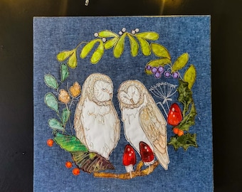 PDF pattern for "Winter Barn owls" raw edge applique tutorial free motion embroidery