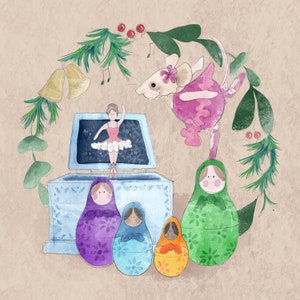 May include: A blue music box with a ballerina inside, surrounded by nesting dolls in shades of purple, blue, and green. A white mouse with pink accents is perched on top of the music box.