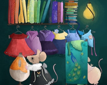 Vintage dress shop mice printed panel on quilting cotton 47 by 47 cms