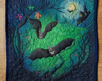 Original art for sale free motion quilted bat panel  12" by 12"