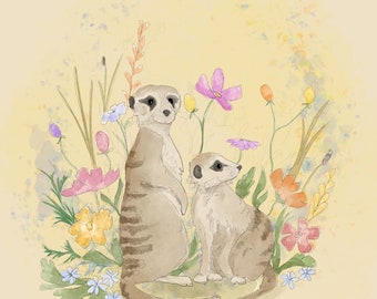 Pre -order meerkats with flowers printed panel on quilting cotton 30.5 by 30.5 cms