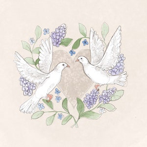 Carte de voeux mariage colombes blanches lilas 145 mm carré blanc à l'intérieur