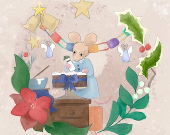 Pre-order Florrie decorating her Christmas cake printed panel on quilting cotton 30.5 by 30.5 cms