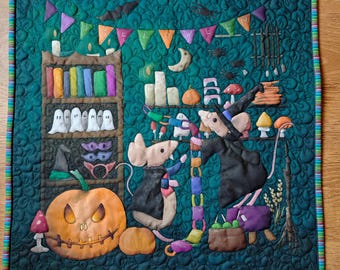 Original art for sale 'halloween shop" 18" by 18" Wall hanging embroidered textile art