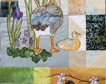 PDF pattern for Block of the month 3 goose, gosling, iris, violets, black cap raw edge applique tutorial free motion embroidery