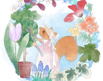 Pre-order miss poppy panel block 9 pruning the topiarygardening spring squirrel on light blue printed panel on quilting cotton 30 by 30cms