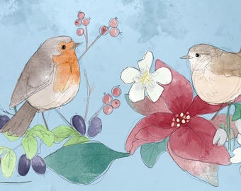 Pre-order robin and wren border print panel 57.2 by 15.4 cm on quilting cotton