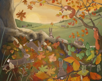 Pre order fabric panel autumn scene with rabbits and squirrels 30.5 cm square