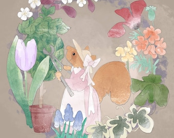 Pre-order miss poppy panel block 9 pruning the topiarygardening spring squirrel on beige printed panel on quilting cotton 30 by 30cms