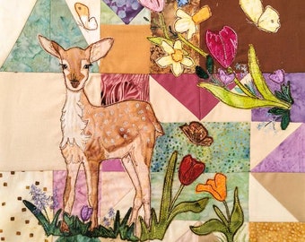 PDF pattern for  'Bohemian Spring' block 1 quilt raw edge applique tutorial free motion embroidery