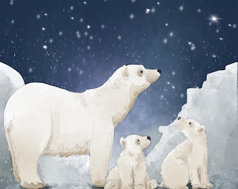 Pre-order arctic circle polar bear and cub panel on quilting cotton 30.5 by 30.5 cms