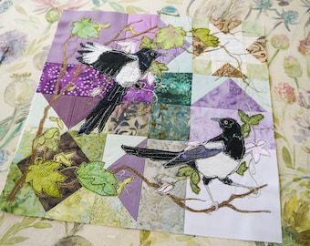 PDF pattern for Magpie two for joy 12" square raw edge applique tutorial free motion embroidery clematis purple batik sycamore