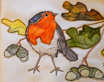 Printed pattern for Autumn Robin with leaves raw edge applique tutorial free motion embroidery