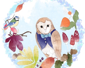 Pre-order Fabric panel victorian baltimore autumn barn owl on light blue 30cm square quilting cotton