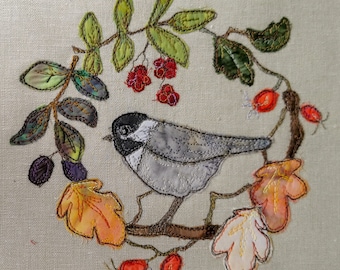 PDF pattern for autumn chickadee berries sloes raw edge applique tutorial free motion embroidery