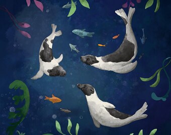 Pre -order swimming lesson harp seals printed panel on quilting cotton 30.5 by 30.5 cms