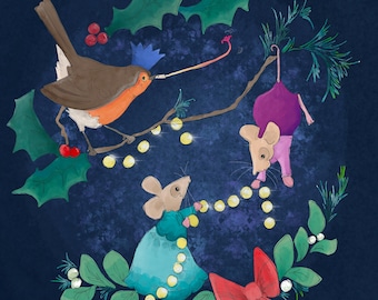 Party mice and robin printed panel on quilting cotton 30 by 30cms