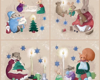 Pre -order set of 4 Christmas eve last minute sewing printed panels on quilting cotton 30.5 by 30.5 cms