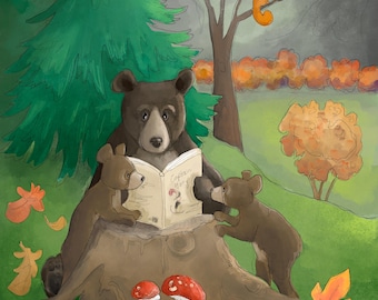 Pre-order Fabric "Storytime" bears Rocky mountain 30.5cm square quilting cotton