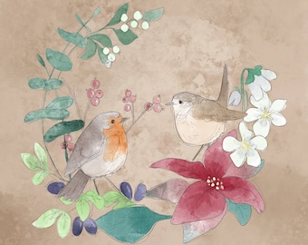 Pre -order Christmas robin and Wren printed panel on quilting cotton 30.5 by 30.5 cms