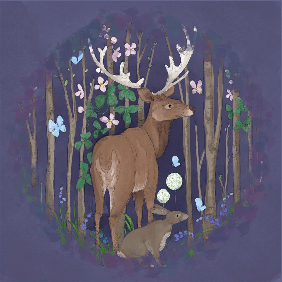 Spring Stag Pre-order Fabric Panel Spring Stag and Hare on Dark Hyacinth 47cm ...