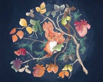 Pre-order Autumn forest squirrel printed panel on quilting cotton 30.5 by 30.5 cms