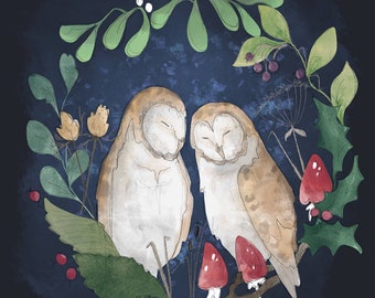 Pre-order Fabric panel Winter barn owl pair running on indigo 30cm square quilting cotton