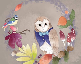 Pre-order Fabric panel victorian baltimore autumn barn owl on light taupe 30cm square quilting cotton