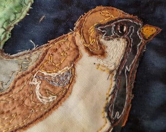 PDF pattern for block 2 log cabin birds sparrow spring  raw edge applique tutorial free motion embroidery