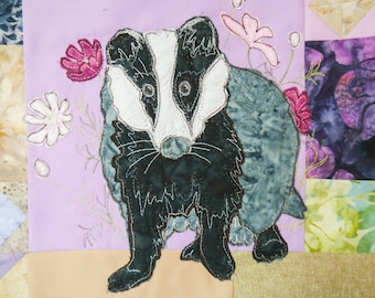 Printed pattern for Block of the month 7 badger, linnets, autumn elderberries  raw edge applique tutorial free motion embroidery