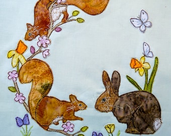 PDF pattern for Ellie's rainbow quilt part 5 bunnie and squirrels raw edge applique tutorial free motion embroidery