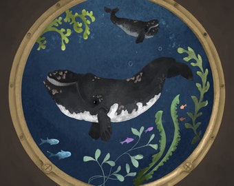 Porthole whale 2 printed panel on quilting cotton 30.5 by 30.5 cms