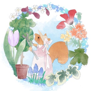 Pre-order Greeting card Miss Poppy pruning blue 145mm square blank inside