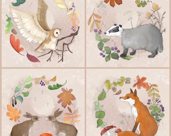 Pre -order Autumn set of 4 printed panel on quilting cotton each 30.5 by 30.5 cms