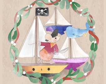 Pre -order Christmas toy shop window printed panel 5 on quilting cotton 30. 5 by 30.5 cms 3 ships a sailing,  pirate mouse and windup whale