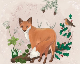 Pre-order winter fox tree of life printed panel on quilting cotton 30.5 by 30.5 cms