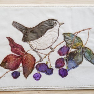 PDF pattern for Wren with blackberries raw edge applique tutorial free motion embroidery