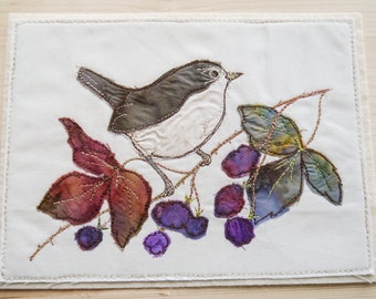 PDF pattern for Wren with blackberries raw edge applique tutorial free motion embroidery