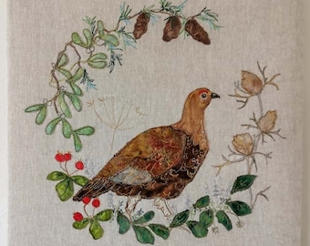 Printed pattern for "Winter Grouse" raw edge applique tutorial free motion embroidery