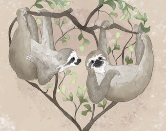 Pre-order Fabric panel sweetheart sloths coastal on light taupe cream 30.5cm square quilting cotton