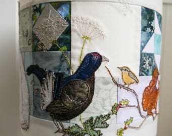 Printed pattern for Winter scene lampshade raw edge applique free motion embroidery hare grouse squirrel mouse robin nuthatch