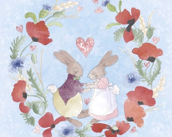 Pre-order Valentine hares printed panel on quilting cotton 30 by 30cms