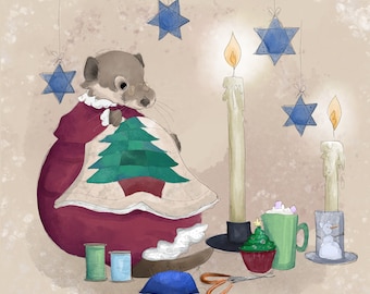 Pre-order Fabric panel Christmas quilting otter on cream 30.5 cm square quilting cotton