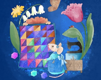 Pre-order Fabric panel autumn quilting squirrel miss poppy & Florrie mouse  on blue 30.5 cm square quilting cotton